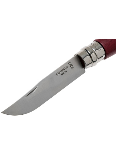 Peilis Opinel matkamiseks nr.8 roostevabast terasest teraga ja burgundia käepidemega