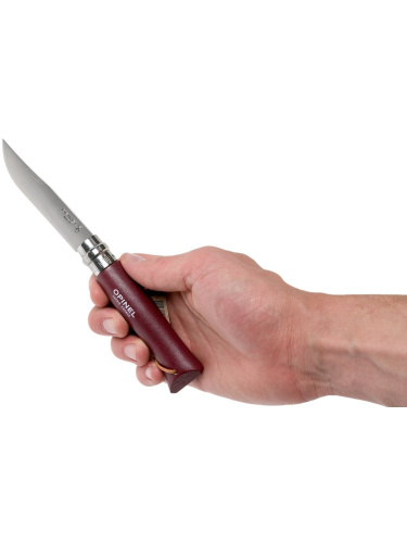 Peilis Opinel matkamiseks nr.8 roostevabast terasest teraga ja burgundia käepidemega