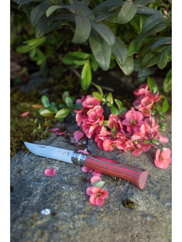 Opinel Nr. 8 laminaatpeaga nugastamatu terasest noaga punase lepa käepidemega