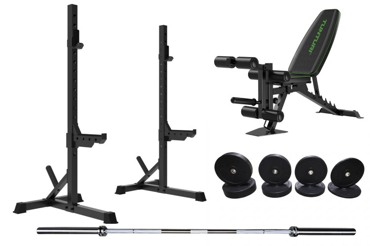 Koduse jõusaali komplekt: Treeningraam SS60 + pink TUNTURI UB60 + olümpiakang + 100 kg raskused